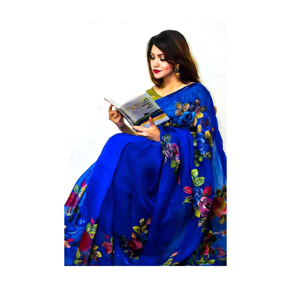 Hand Printed Half Silk Saree For Women - Multicolor - BAN116