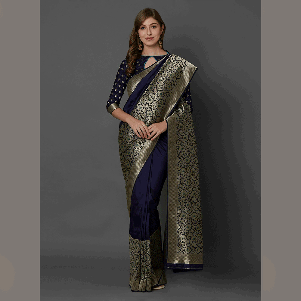 Silk Printed Saree With Blouse Piece For Women - Navy Blue