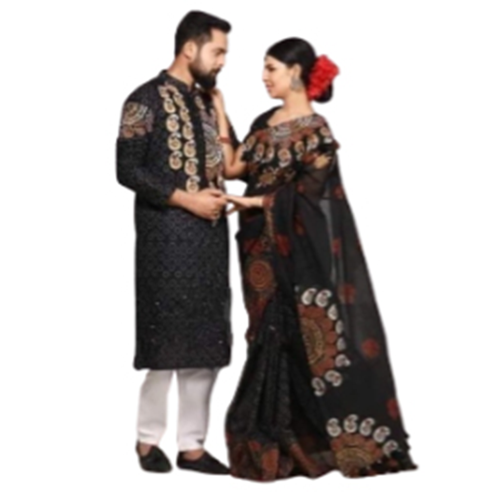 Block Print Saree With Panjabi Couple Set - Black - CS-B25