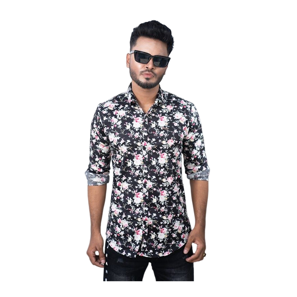Westeen Cotton Black Rose Printed Casual Slim Fit Full Sleeve Shirt for Men - Multicolor - 1010706