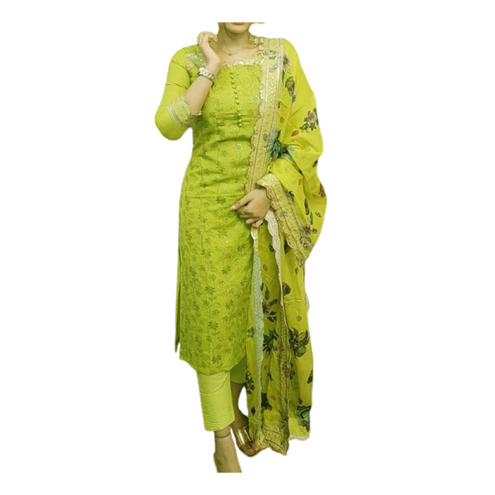 Cotton Embroidery Unstitched Salwar Kameez For Women -Green - 3A-29