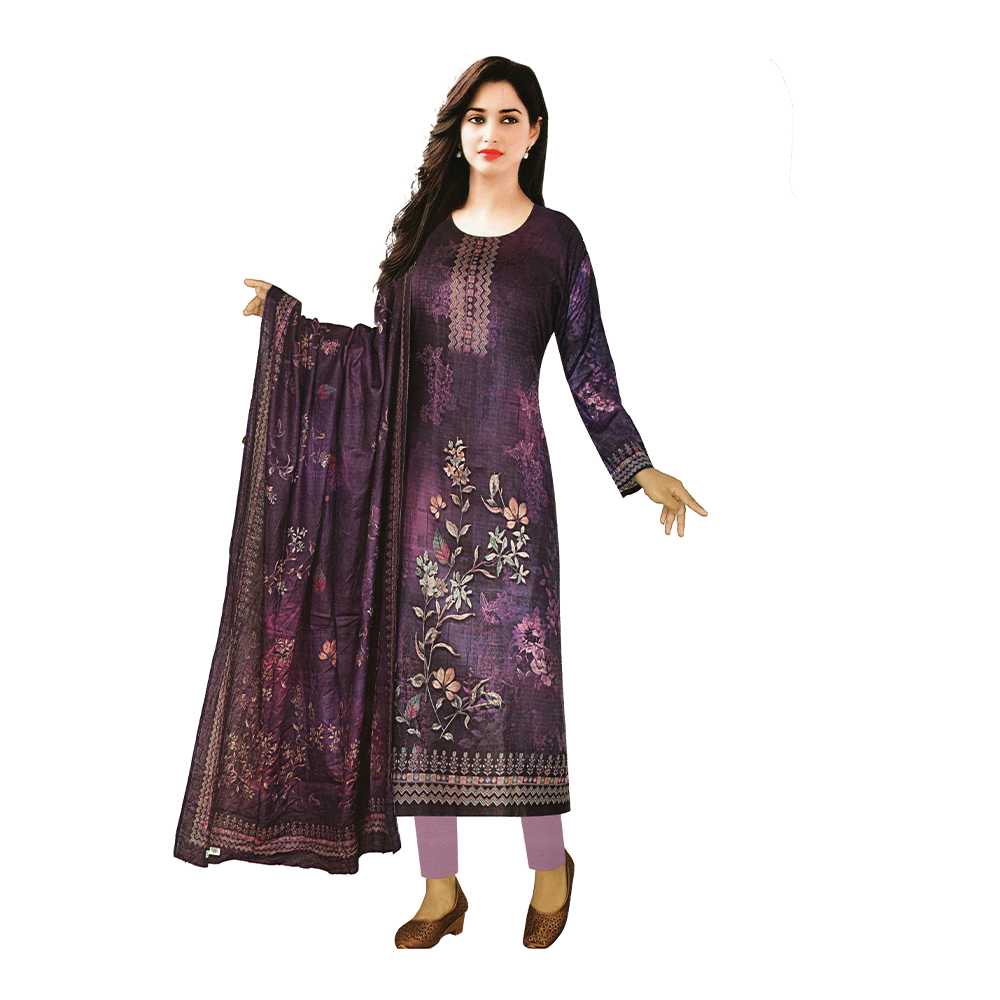 Unstitched Swiss Cotton Screen Printed Salwar Kameez For Women - Dark Purple - 8297.1