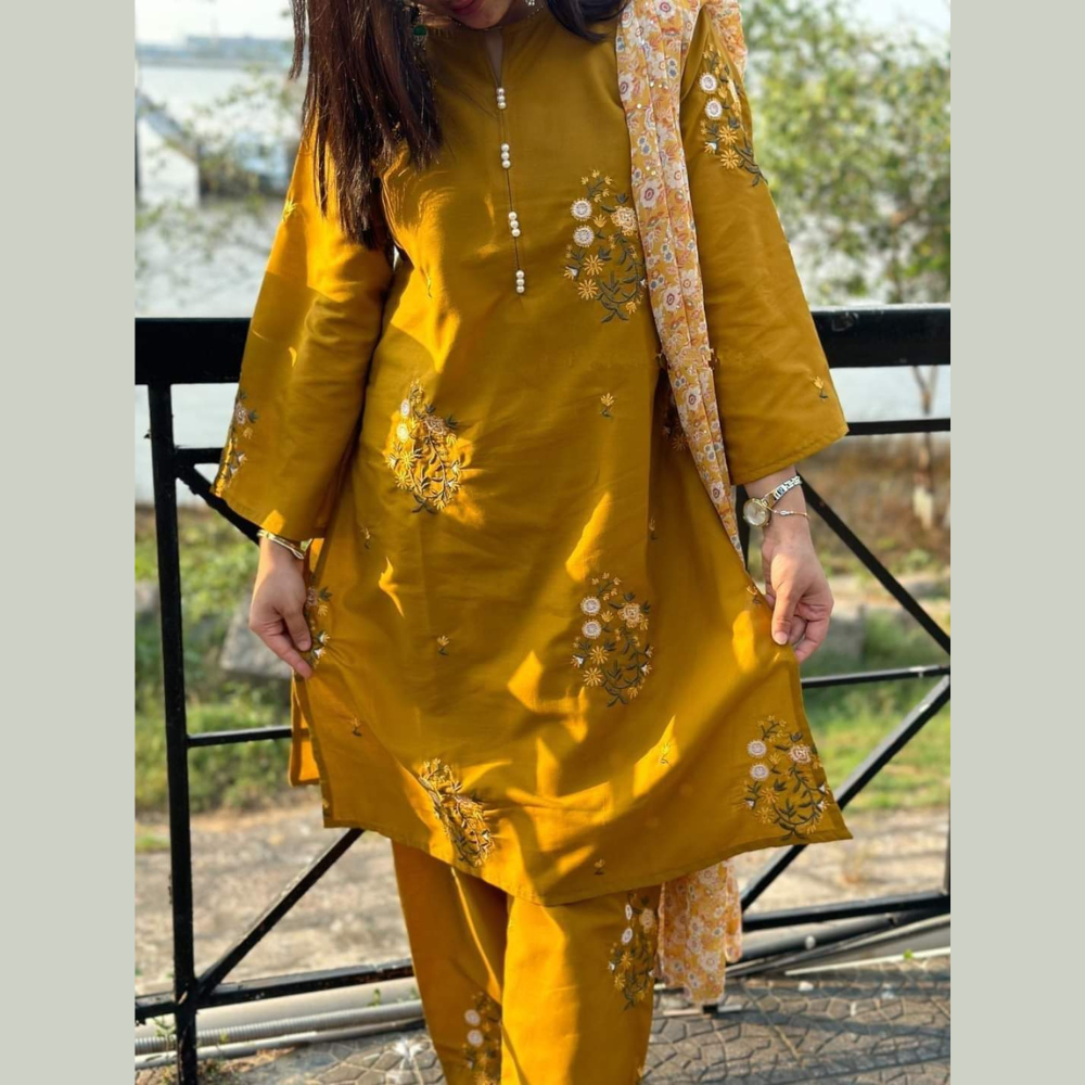 Cotton Embroidery Pakistani Design Ready Made Three Piece For Women - Mustered Yellow