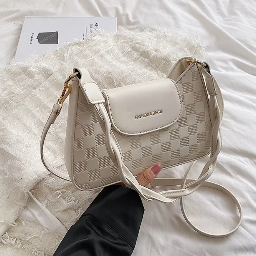 PU Leather Checkerboard Shoulder Bag For Women - White - HS 00066