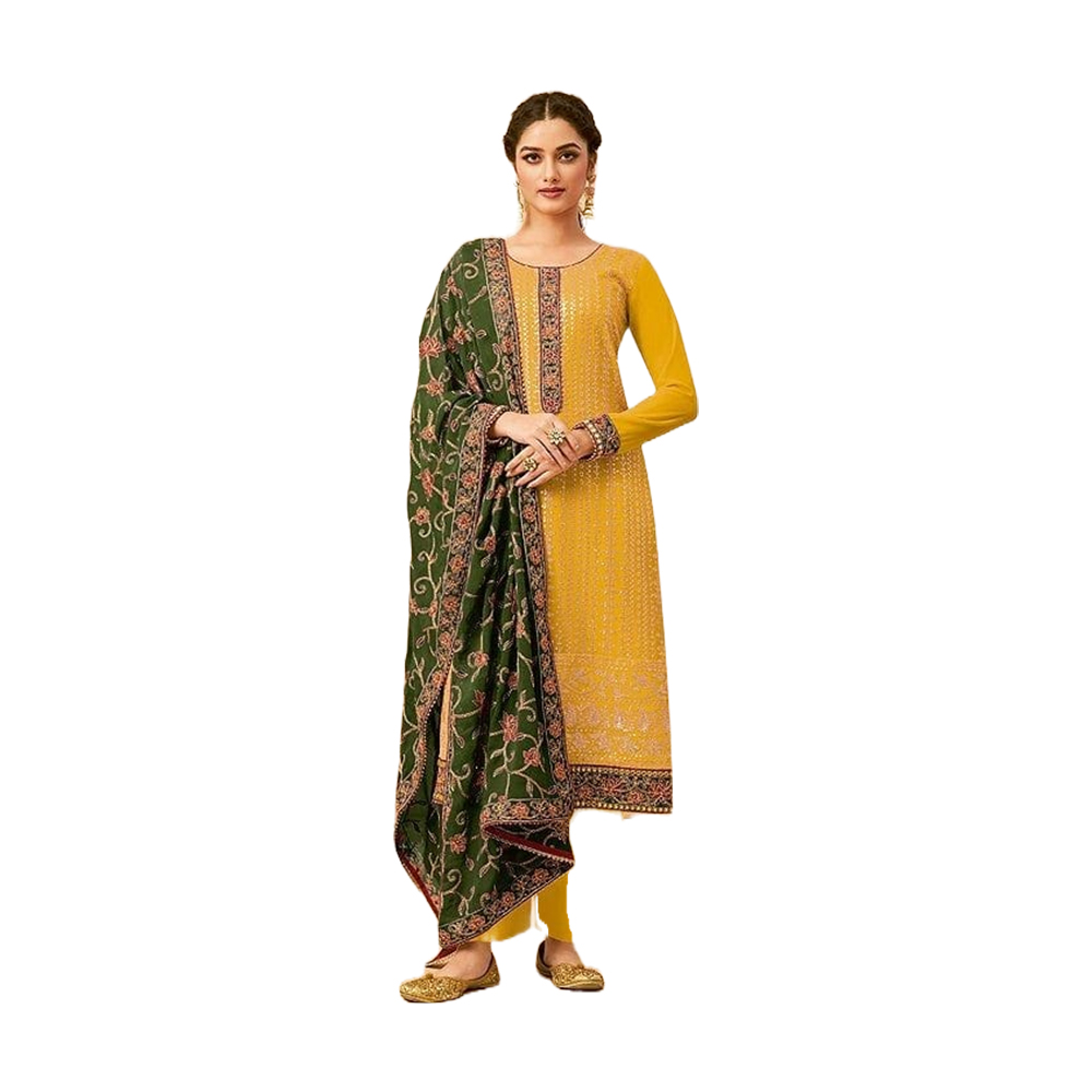 Three Pcs For Women Georgette and Butter Silk - Yellow and Green