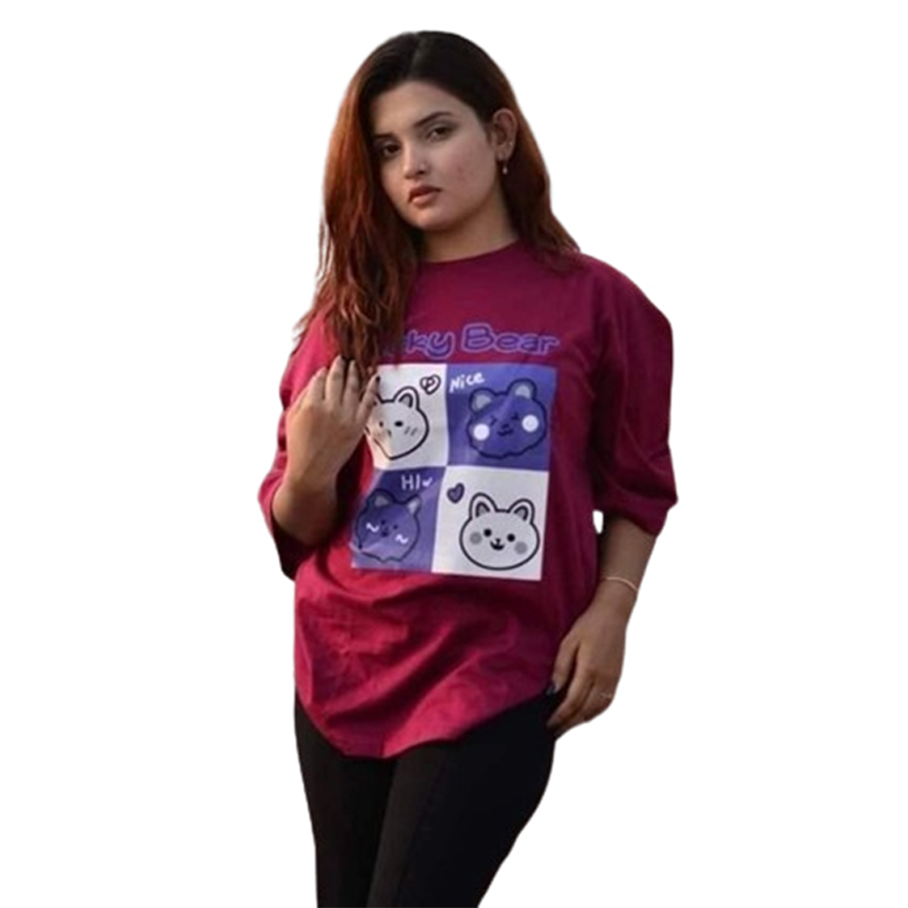 Cotton Print Half Sleeve T-Shirt For Women - Maroon - LG-67