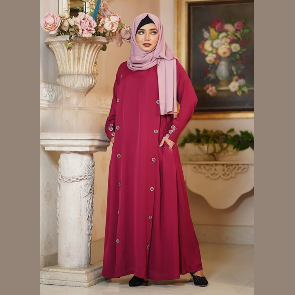 Dubai Cherry Embroidery Koti Burka With Hijab For Women - Maroon