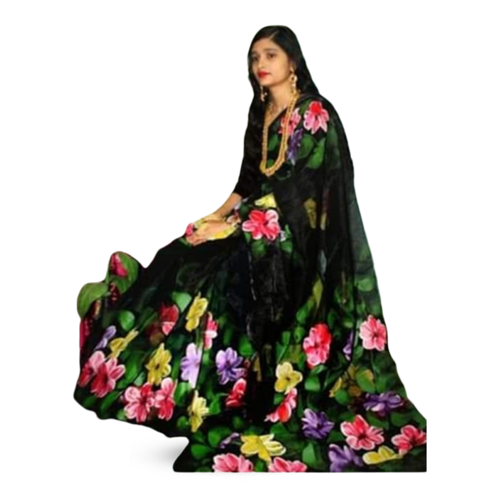 Hand Printed Half Silk Saree for Women - Black - SP-88 