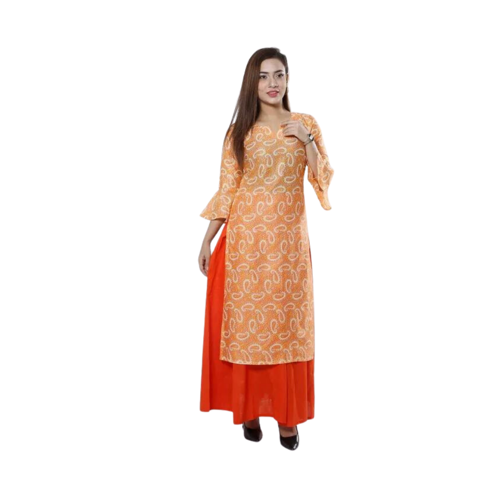 Cotton Skirt and Kameez For Women - Reddish Orange