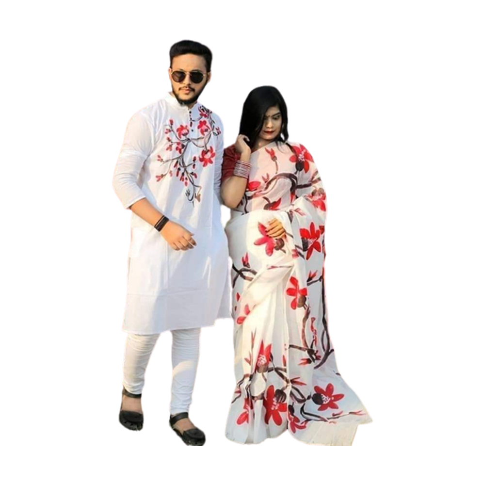 Half Silk Saree and Silk Cotton Panjabi Set For Couple - White - CS-40