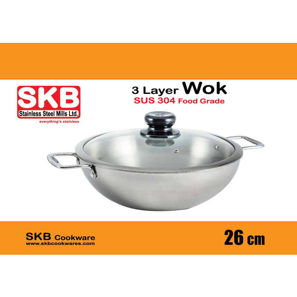 Stainless Steel 3 Layer Wok With Glass Lid - 26cm - Silver - Wok 3004