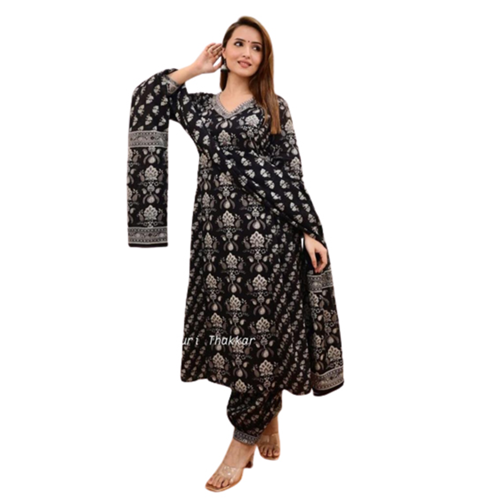 Cotton Boutique Skin Printed Readymade Salwar Kameez For Women - Black - GR-01