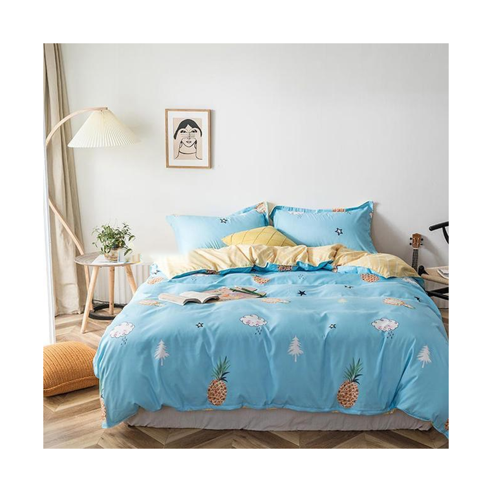  Aloe Cotton King Size Pineapple Printed Bed Sheet Cover - 4 Pcs Set - Sky Blue