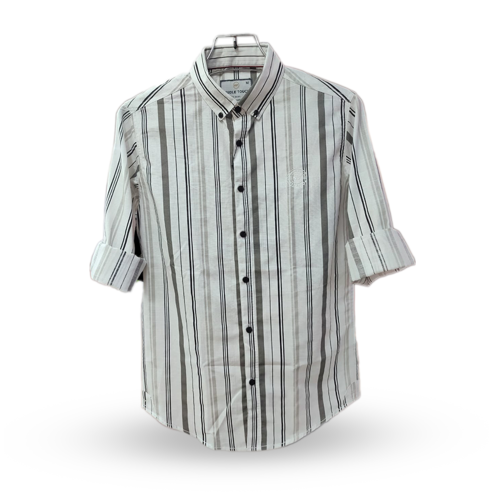 Cotton Full Sleeve Striped Shirt For Men - Olive and White - OP215