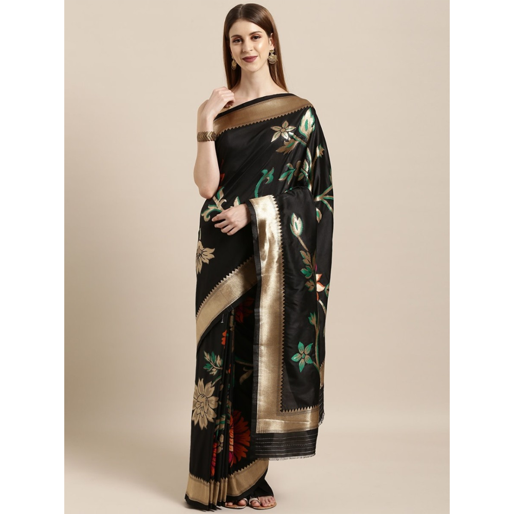 Silk Printed Saree With Blouse Piece For Women - Black - MN-710