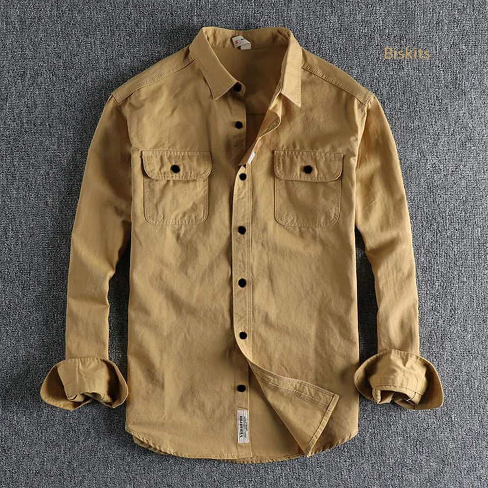 Cotton Full Sleeve Double Pocket Shirt For Men - Tan - Shirt-07