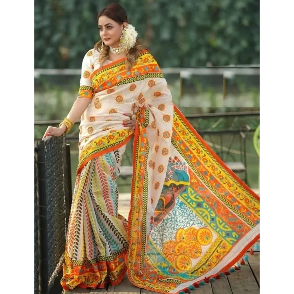 Dhupian Half Silk Skin Print Saree For Women - Multicolor - PP-240