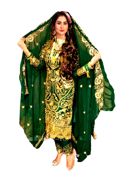 Three Pcs For Women Georgette and Butter Silk - Golden and Green