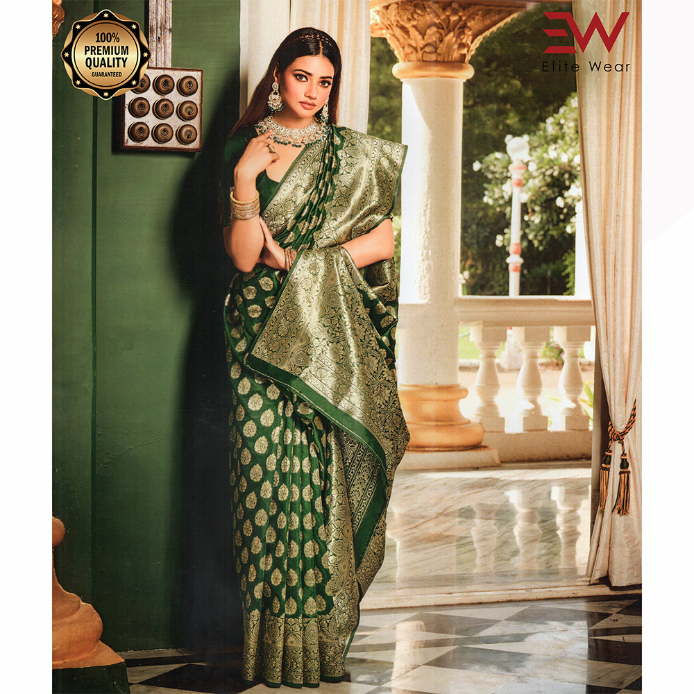 Gujrati Pure Handloom Katan Saree with Blouse Piece for Women - Dark Green - A-644 B