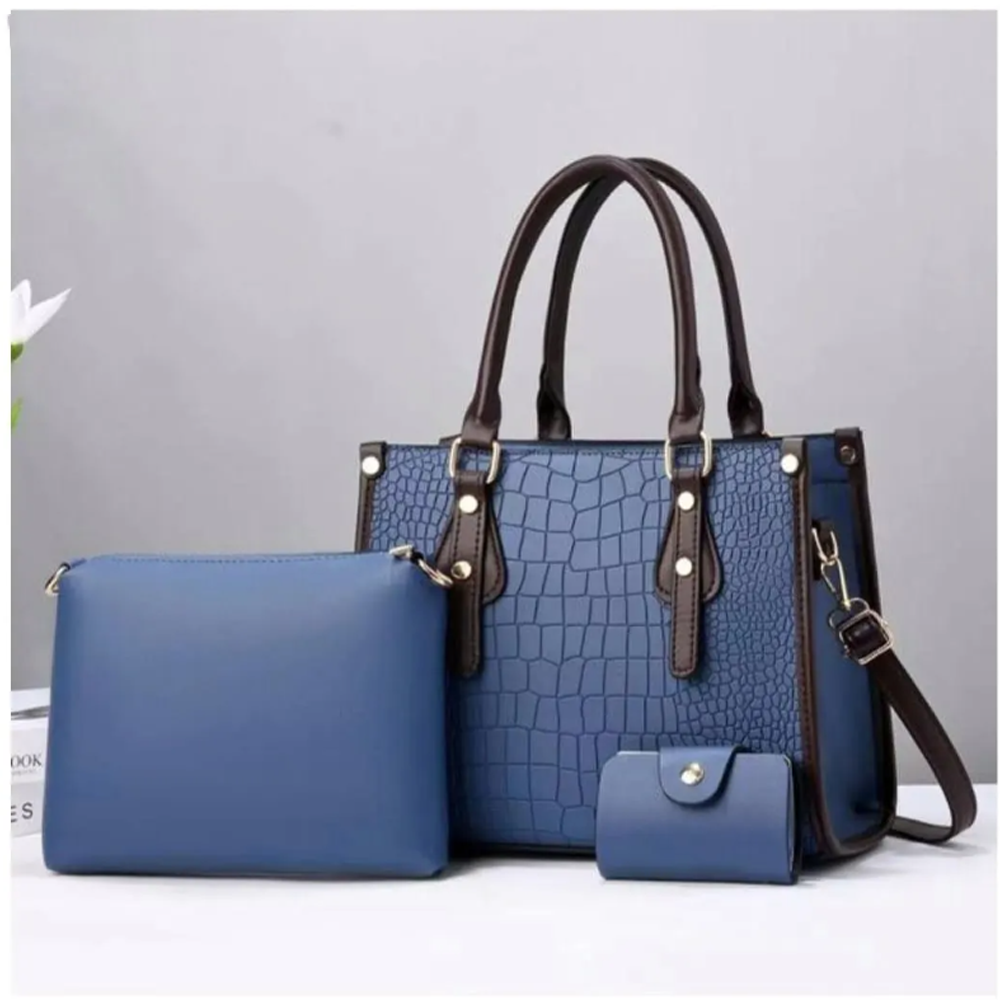 Set Of 3 Pcs Horizontal Square Shape Bag For Women - Navy Blue - SF-044