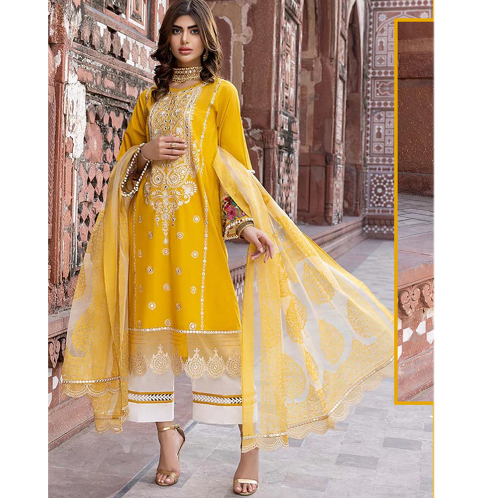 Unstitched Embroidery Net Party Wear Suit 4Pcs For Women -	Yellow - DN 6004