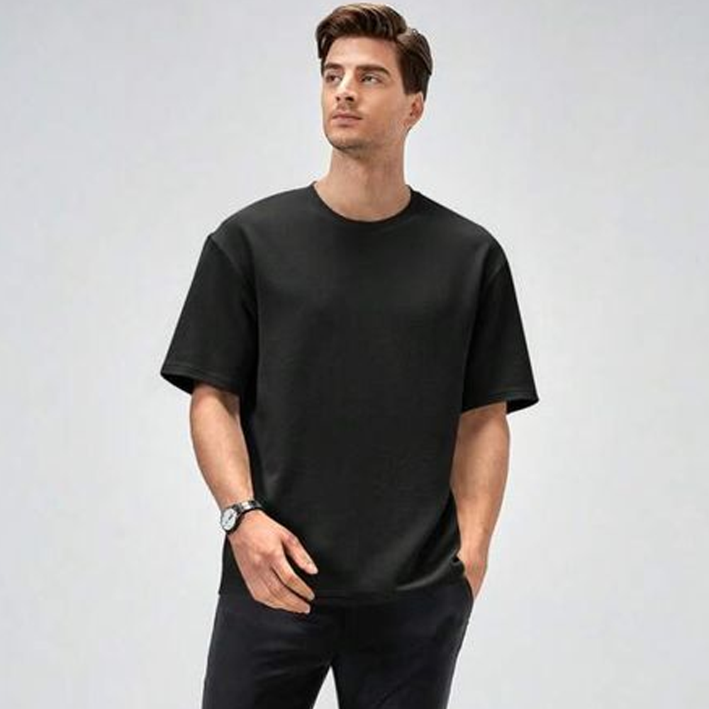 Cotton Drop Shoulder Half Sleeve T-Shirt for Men - Black - 1002