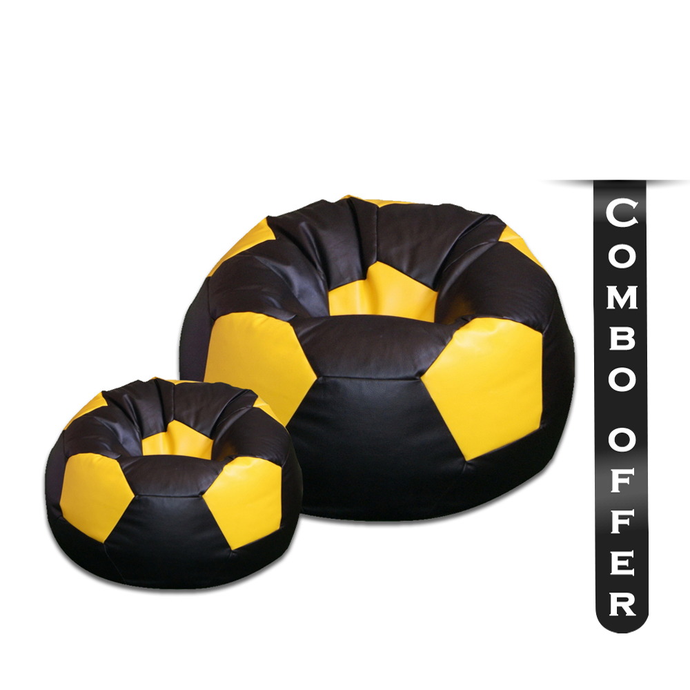 Combo of 2 Pcs Football Artificial Leather Beanbag With Footrest - XXL - Black and Yellow