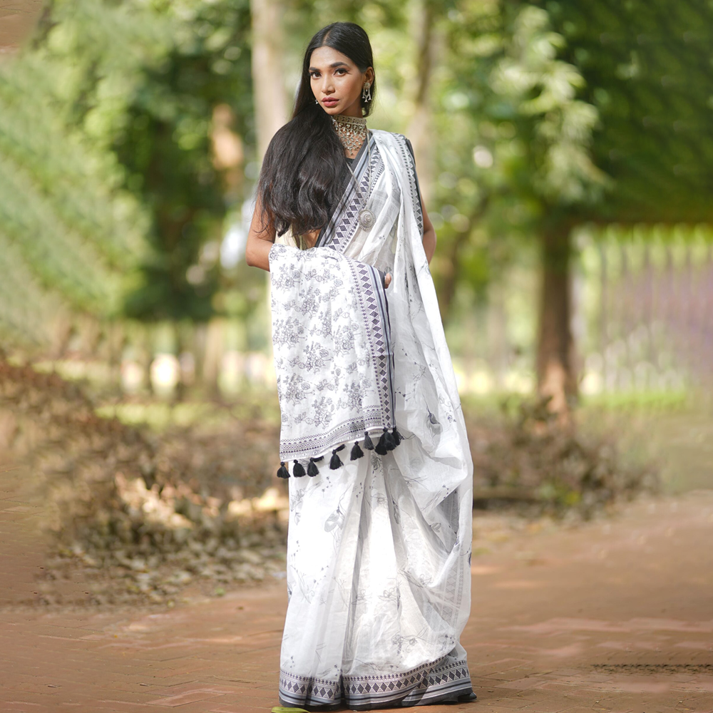 Puja Special Block and Embroidery Half Silk Saree For Women - White and  Black - SHM0419S