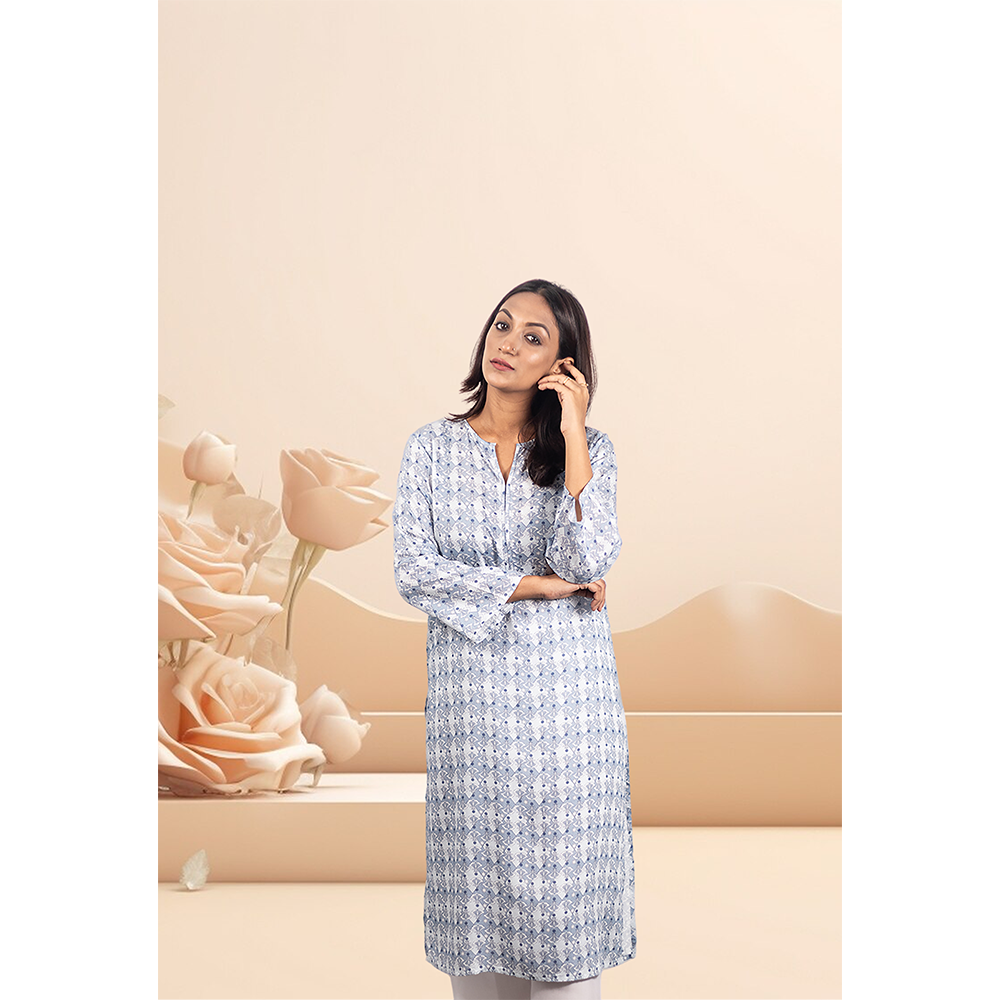 Viscose Printed Kurtis For Women - Sky White - ELV008