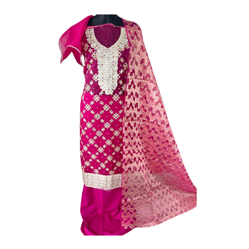 Unstitched Pakistani Organza Katan Salwar Kameez for Women - Pink