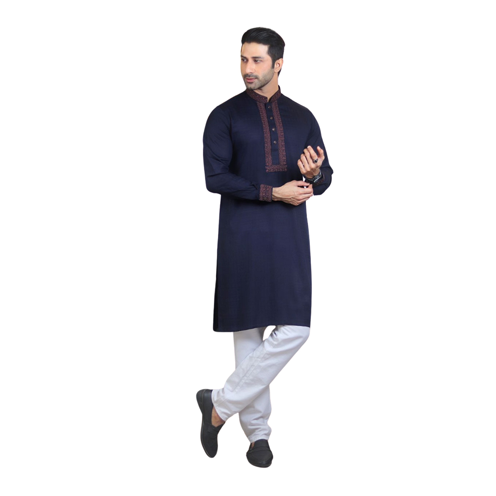 Cotton Casual Panjabi For Men - Navy Blue - 71