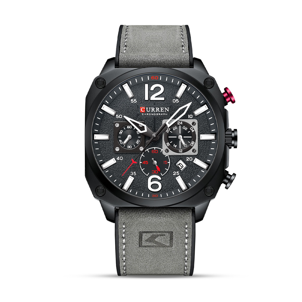 CURREN 8398 Luminous Chronograph Dial Leather Analog Watch For Men - Gray and Black