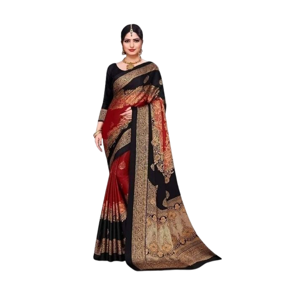 Soft Silk Digital 3D Printed Saree With Blouse Piece - Maroon And Black - SS-P20