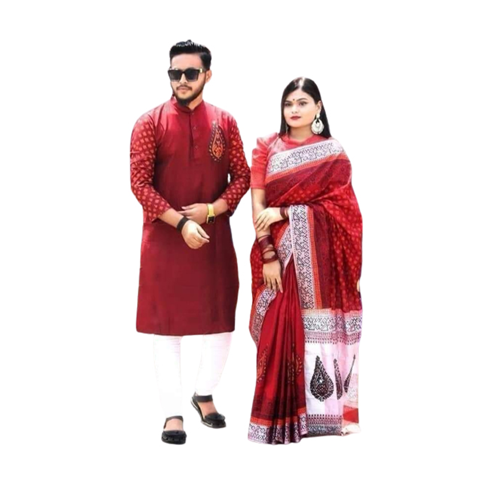 Hand Print Half Silk Saree And Silk Cotton Panjabi For Couple - CS-53 - Maroon