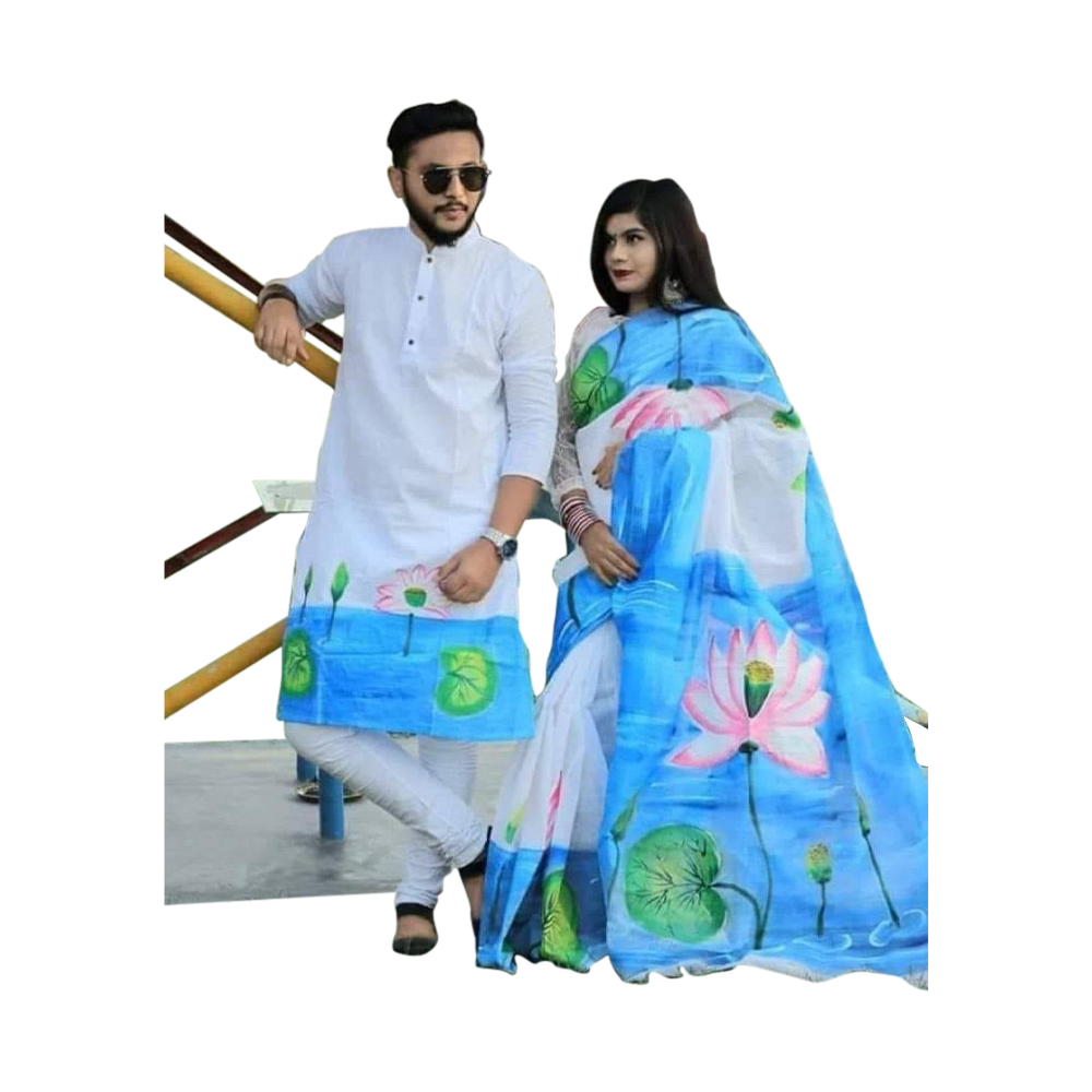 Half Silk Sharee and Cotton Punjabi Set For Couple - CS-12 - Blue And White