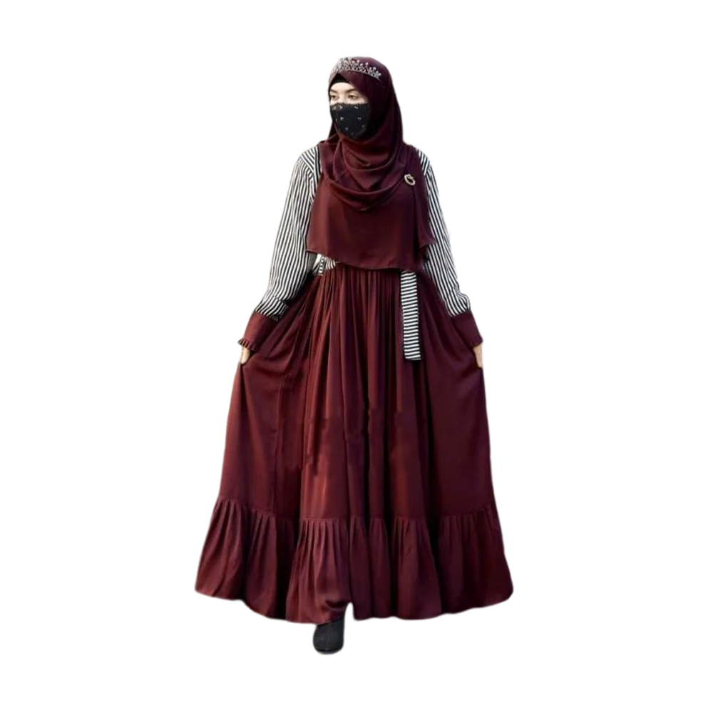 Dubai Cherry Embroidery Koti Burka With Hijab For Women - Maroon - BK-K19