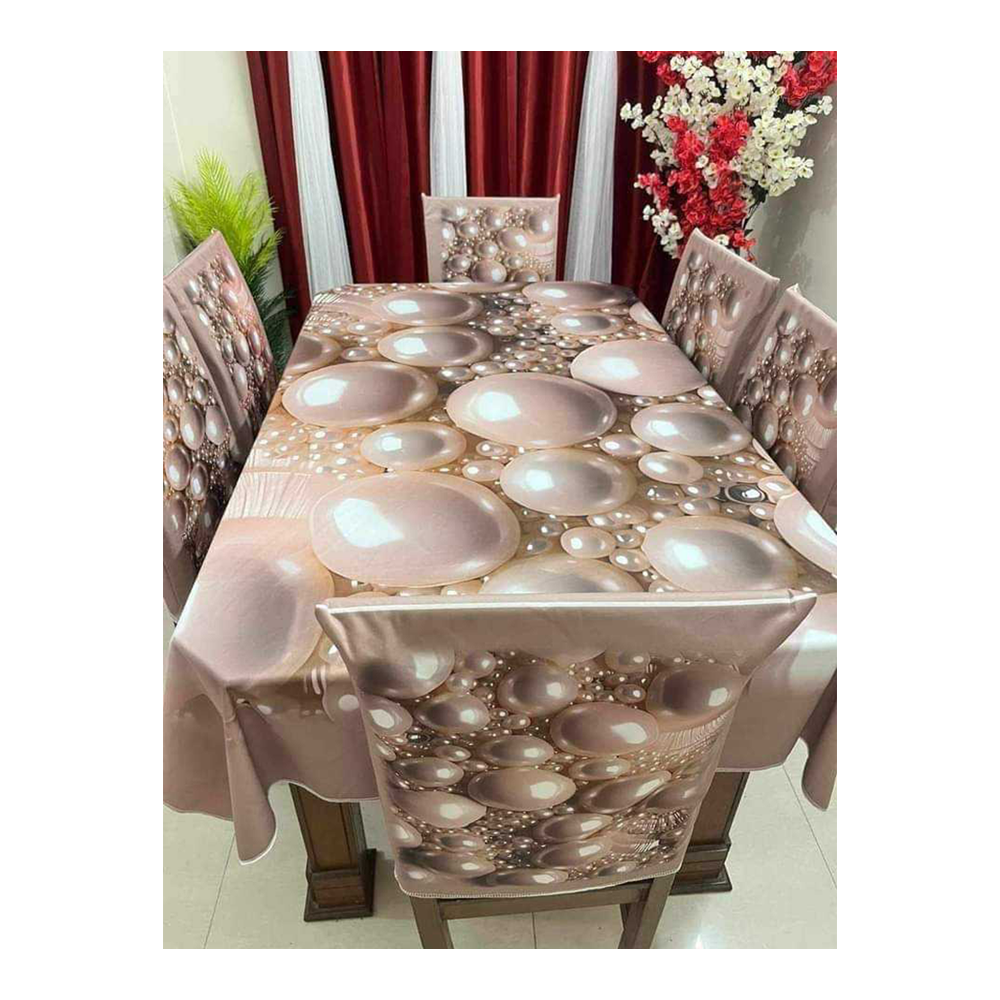 Soft Velvet 3D Print Premium 7 in 1 Dining Table Matt And Chair Cover Set - Multicolor - TC-121