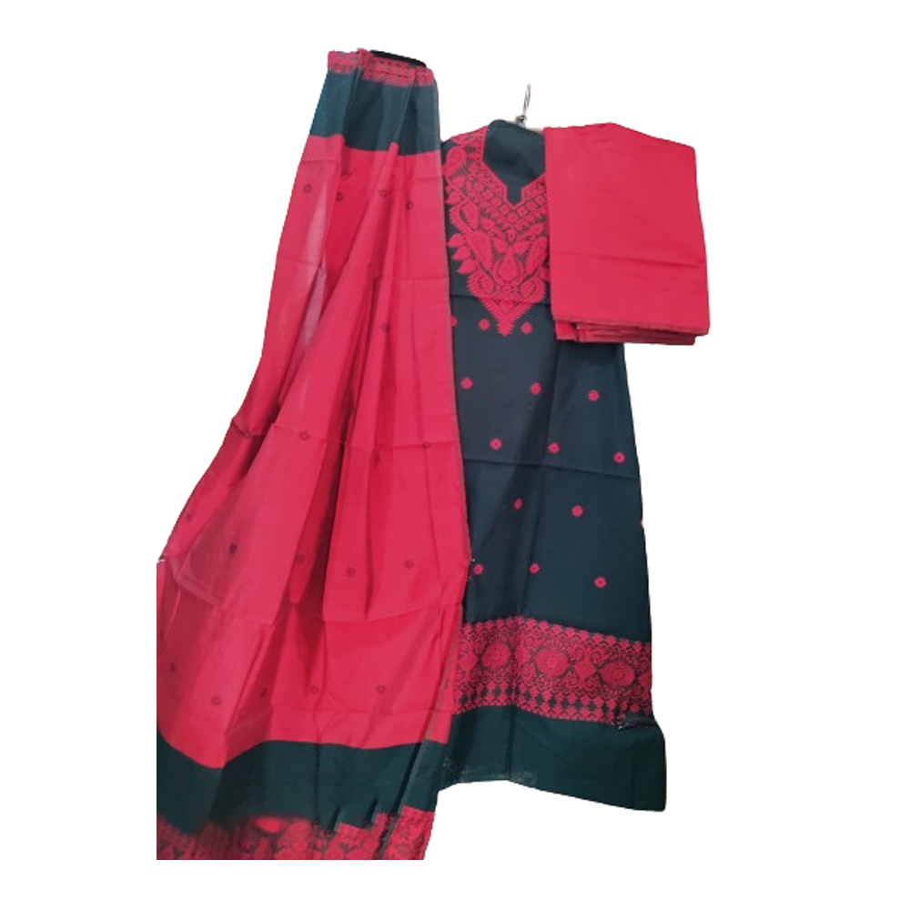 Unstitched Katan Jamdani Salwar Kameez For Women - Black and Red - SE711