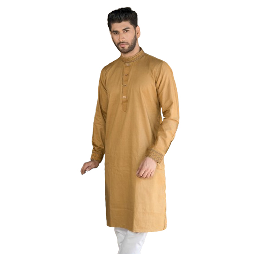 Cotton Embroidery Semi Long Panjabi For Men - Golden - P-N67