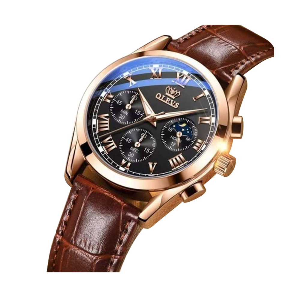 Olevs 2876 PU Leather Wrist Watch For Men - Brown And Black