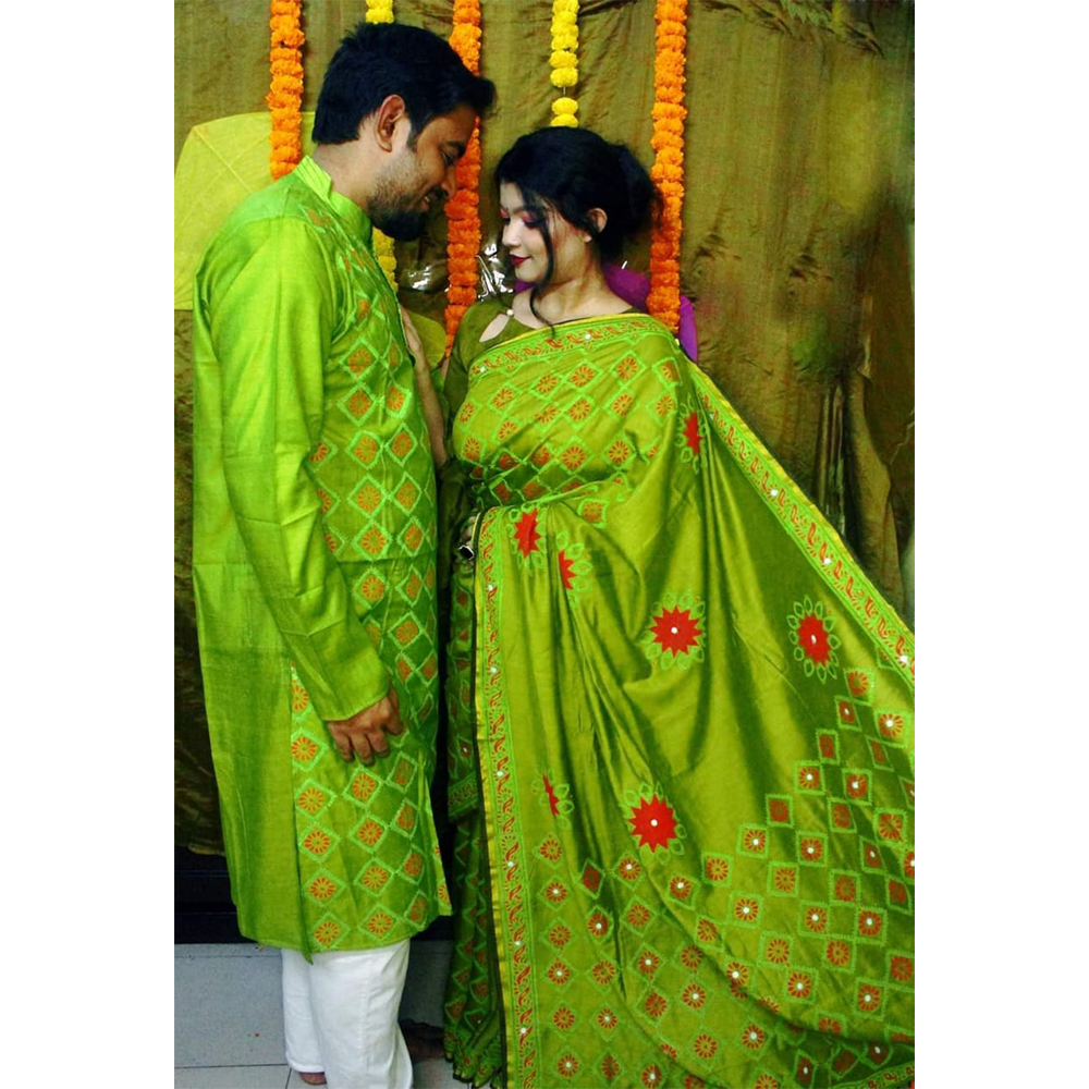 Dhupian Silk Saree and Dhupian Panjabi for Couple - Green - HS-00110