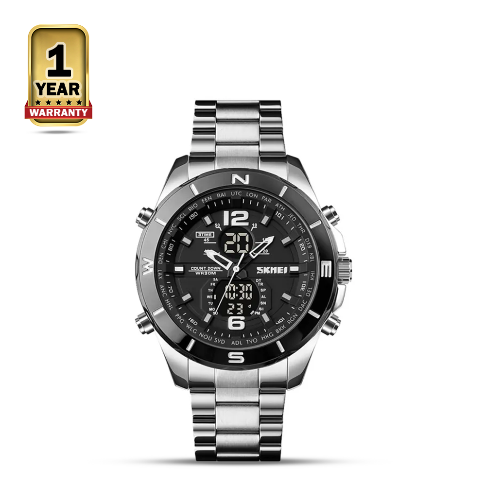 SKMEI 1670 Stainless Steel Dual Time Watch For Men - Black and Silver