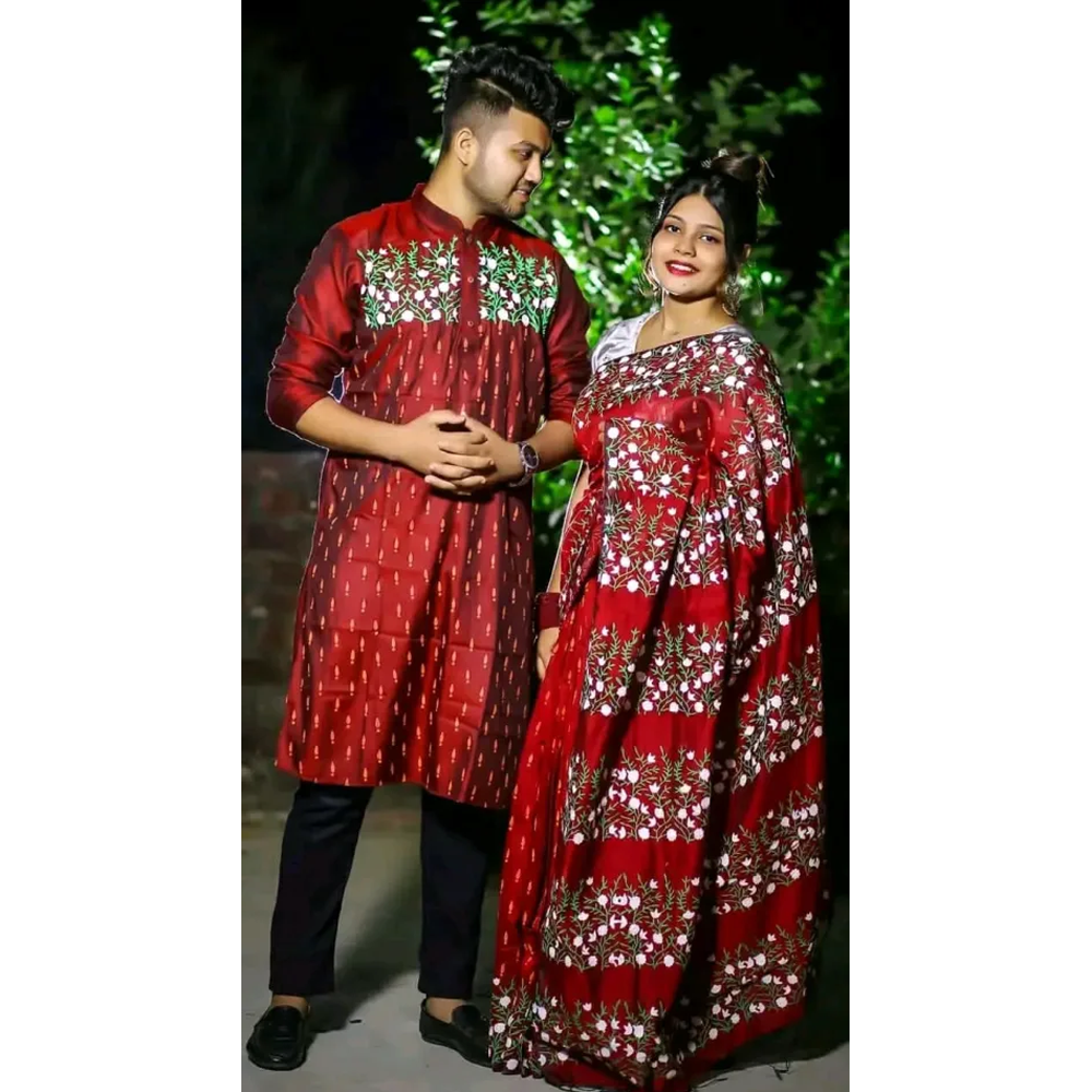 Half Silk Block Print Saree and Dhupian Cotton Panjabi Couple Set - Multicolor - 346