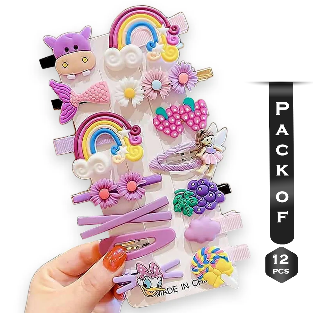 Pack of 12 Pcs Plastic Hair Clip Set for Children - Multicolor