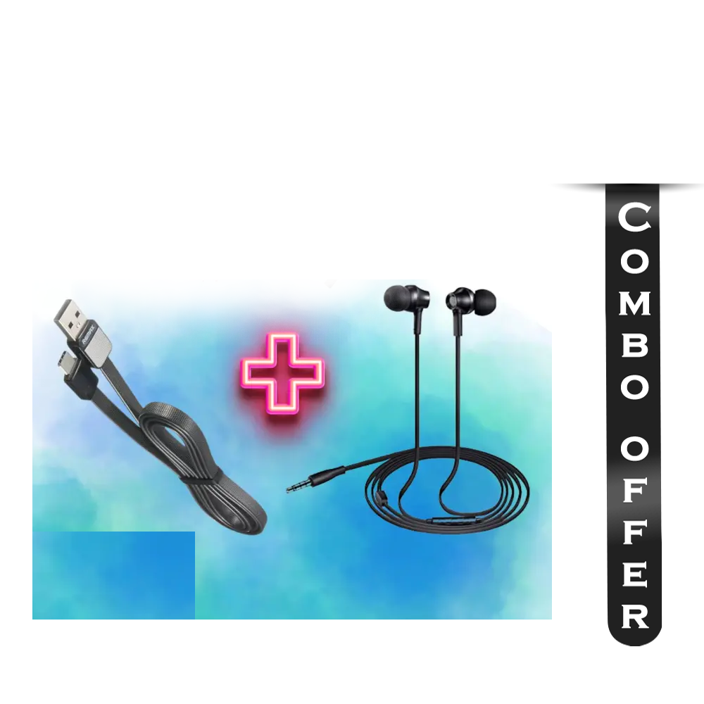 Combo Offer Remax 2 in 1 Rm 512 Earphone + Type C Cable - Headphone And Earphone - Black