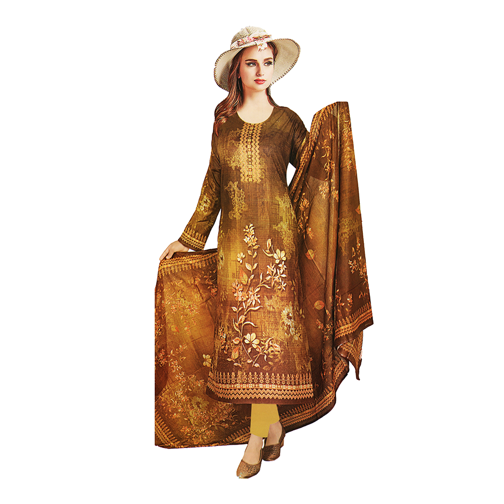 Unstitched Swiss Cotton Screen Printed Salwar Kameez For Women - Brown - 8297.2