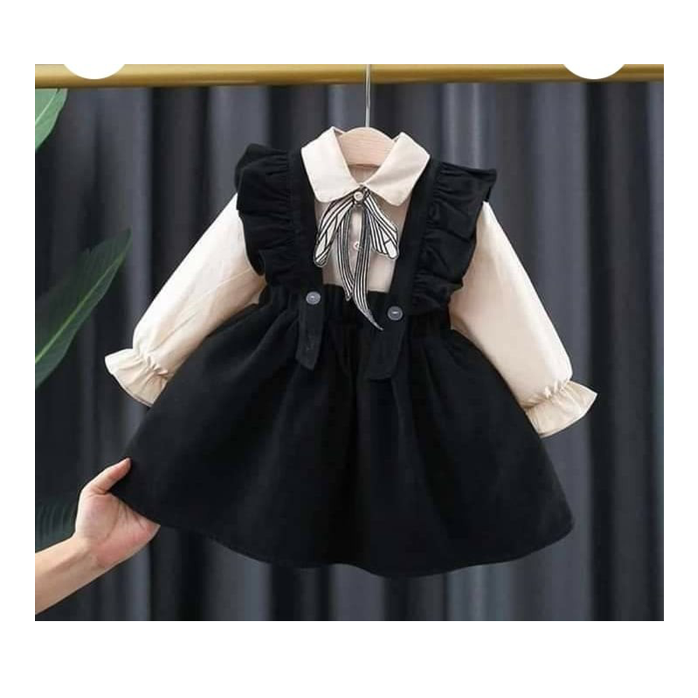 Linen Romper Frock for Girls - Black