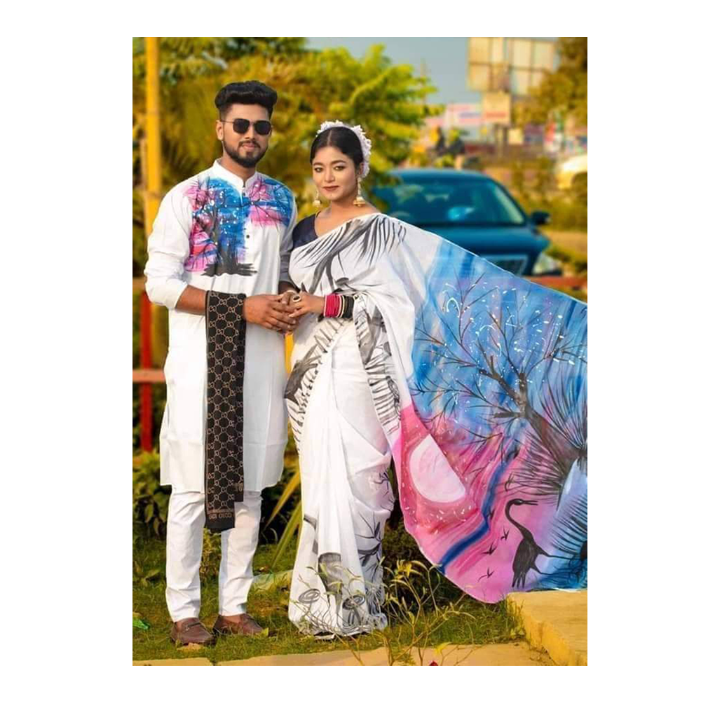 Dupiyan Cotton Hand Printed Couple Set - White - H6