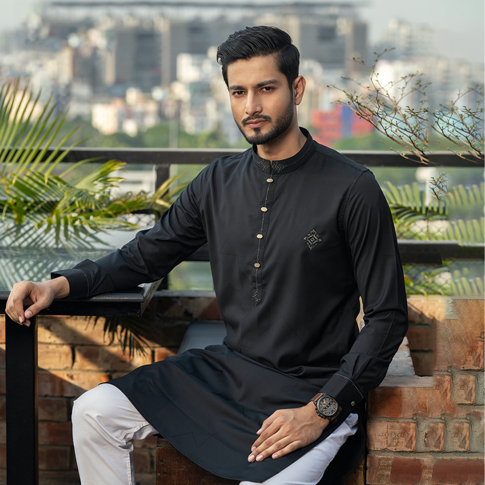 Silk Panjabi For Men - Black - AB-9057