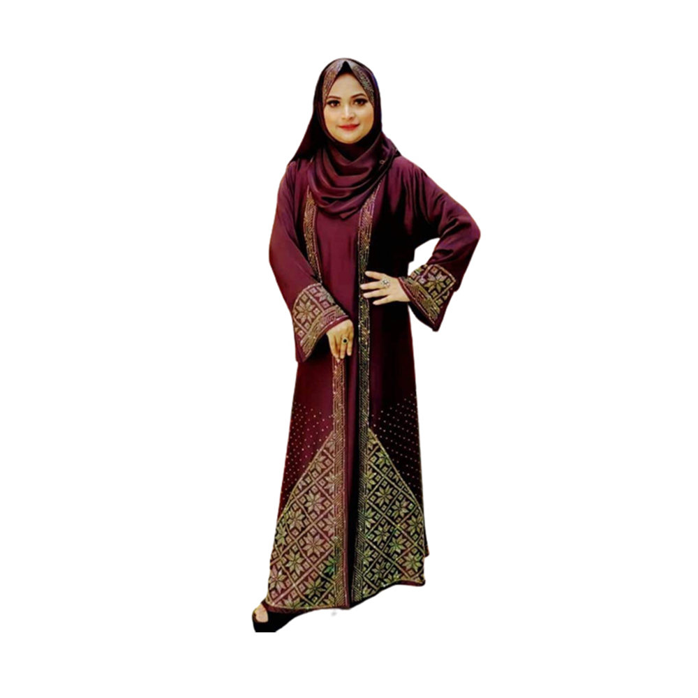 Dubai Cherry Stone Work Borkha With Koti and Hijab For Women - Maroon - BK-K3